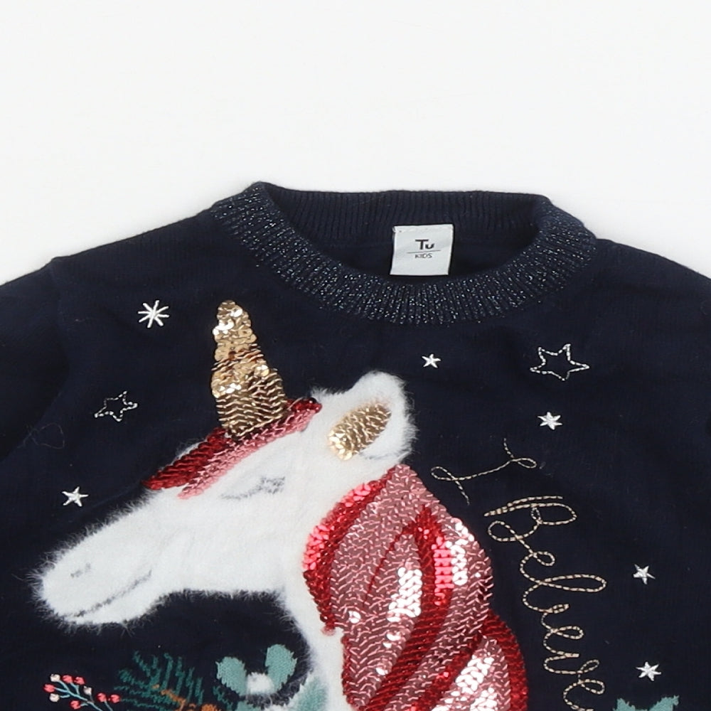 TU Girls Blue Round Neck  Cotton Pullover Jumper Size 3 Years  Pullover - Unicorn