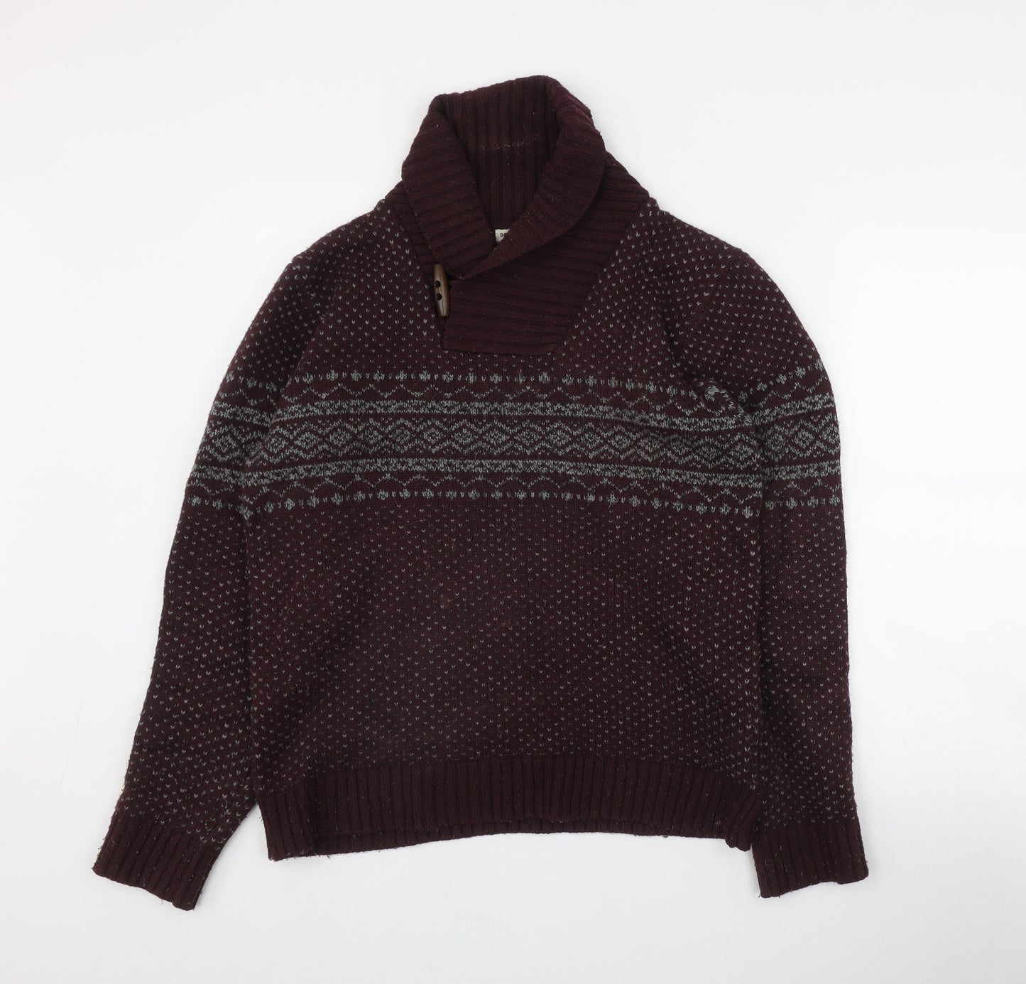Boston Crew Mens Red V-Neck Fair Isle Acrylic Pullover Jumper Size S