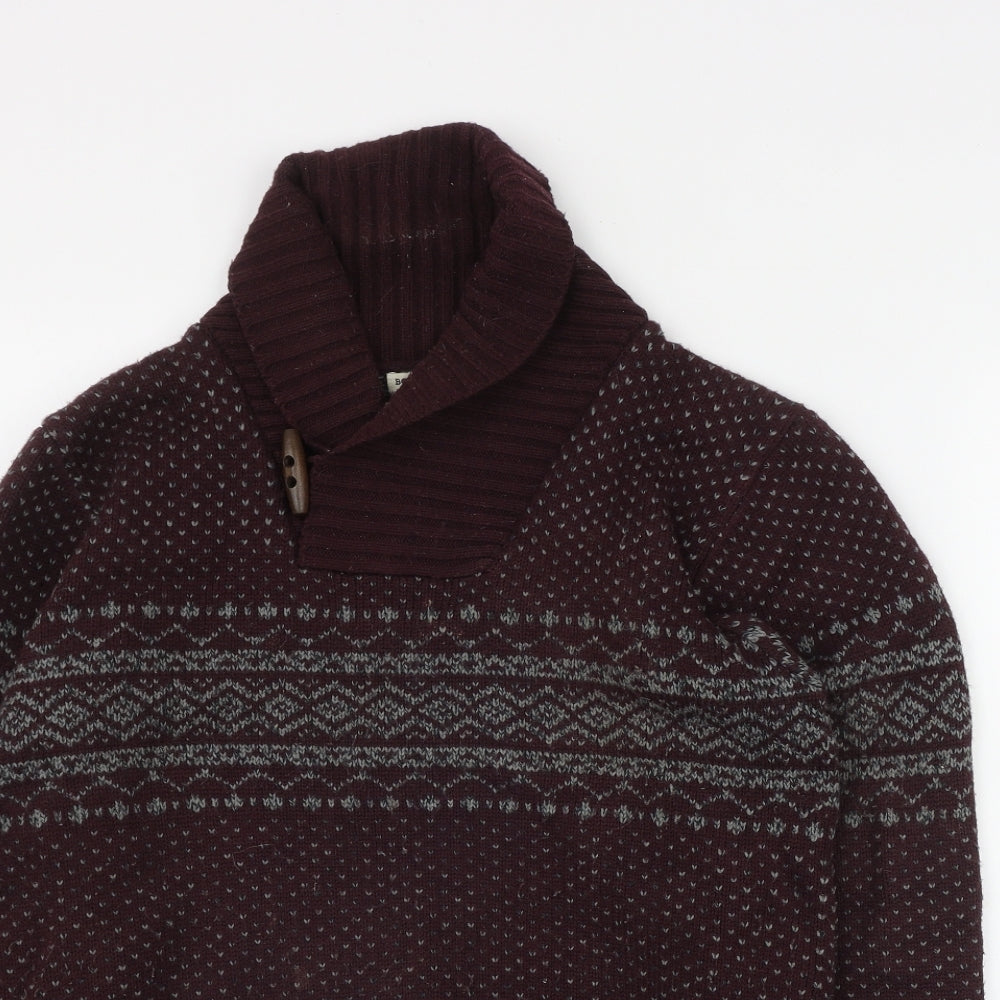 Boston Crew Mens Red V-Neck Fair Isle Acrylic Pullover Jumper Size S