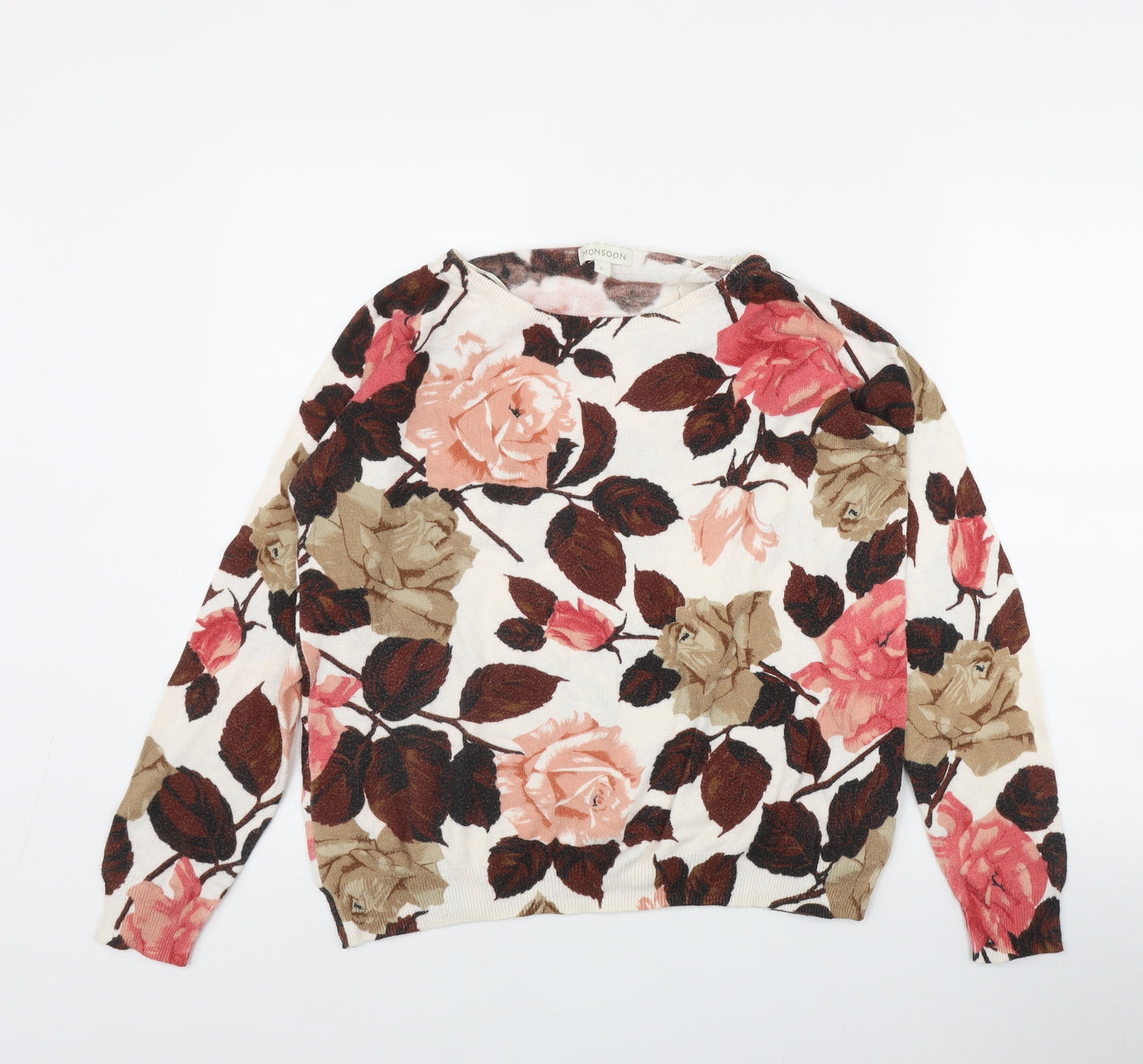 Monsoon Womens White Round Neck Floral Cotton Pullover Jumper Size L