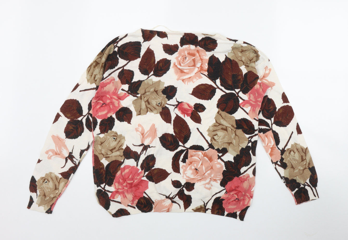 Monsoon Womens White Round Neck Floral Cotton Pullover Jumper Size L