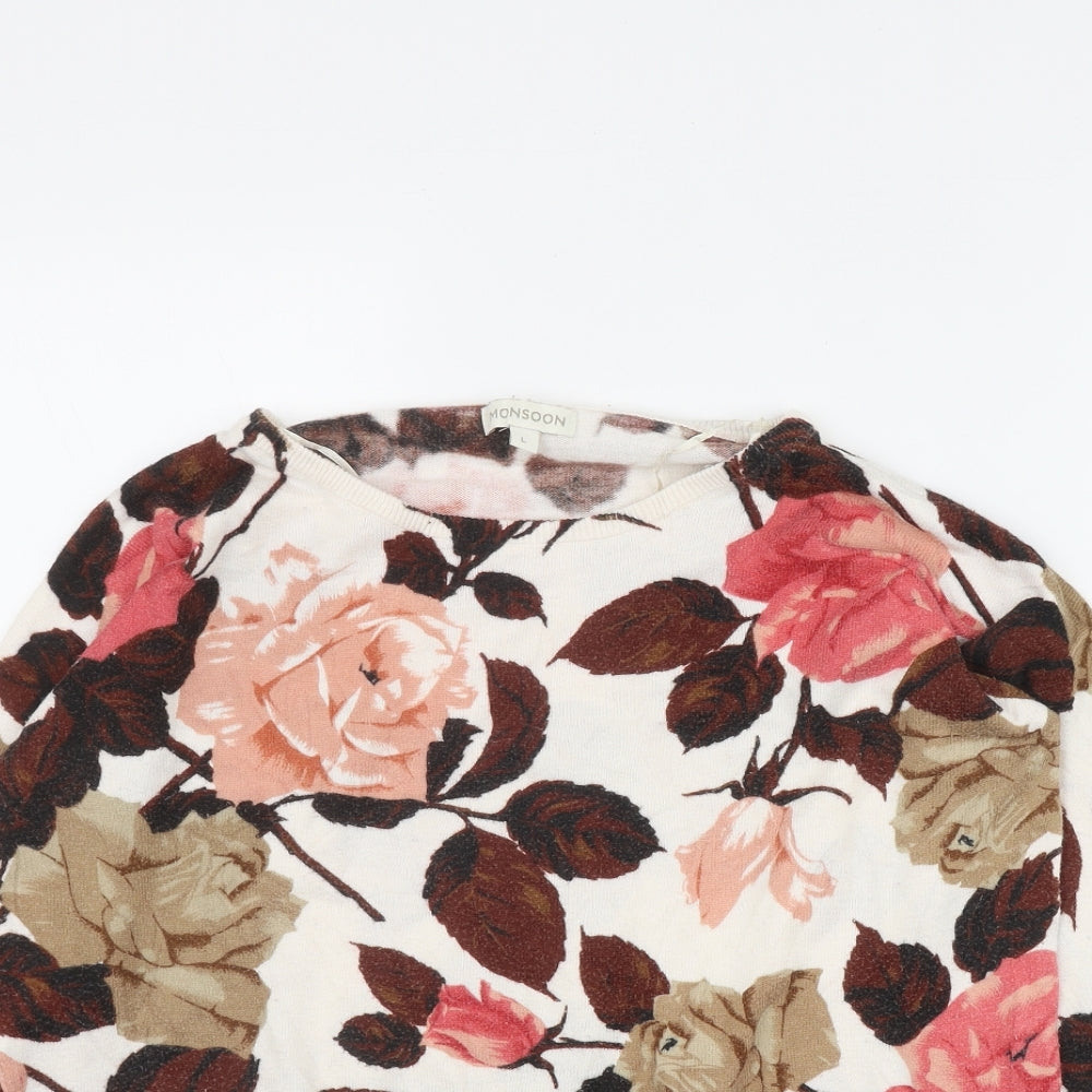 Monsoon Womens White Round Neck Floral Cotton Pullover Jumper Size L