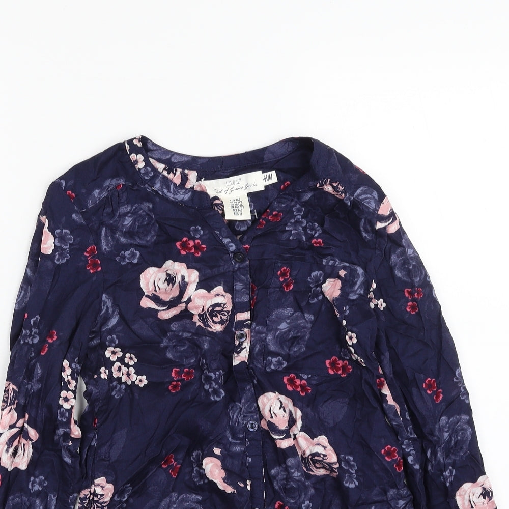 H&M Girls Blue Floral 100% Modal Basic Button-Up Size 10-11 Years V-Neck Button