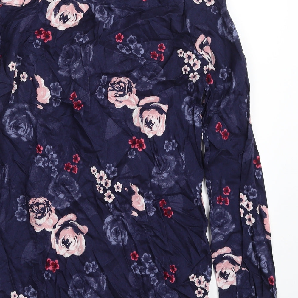 H&M Girls Blue Floral 100% Modal Basic Button-Up Size 10-11 Years V-Neck Button