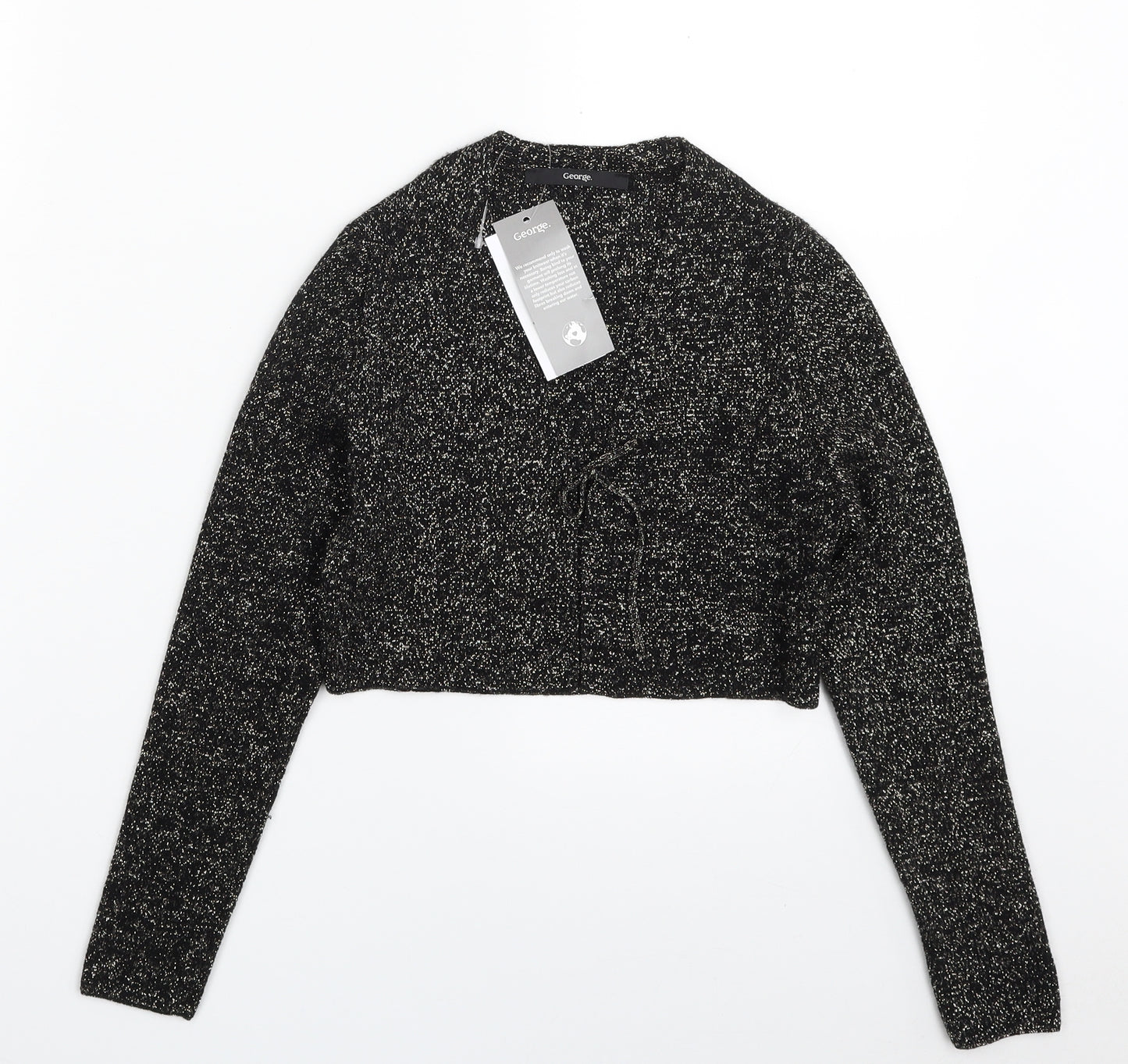 George Girls Black V-Neck  Acrylic Cardigan Jumper Size 6-7 Years  Tie - Cropped
