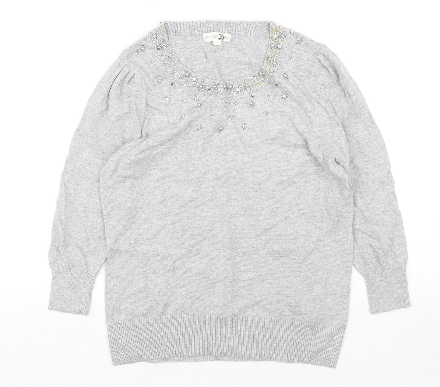 Monsoon Womens Grey Round Neck  Cotton Pullover Jumper Size M