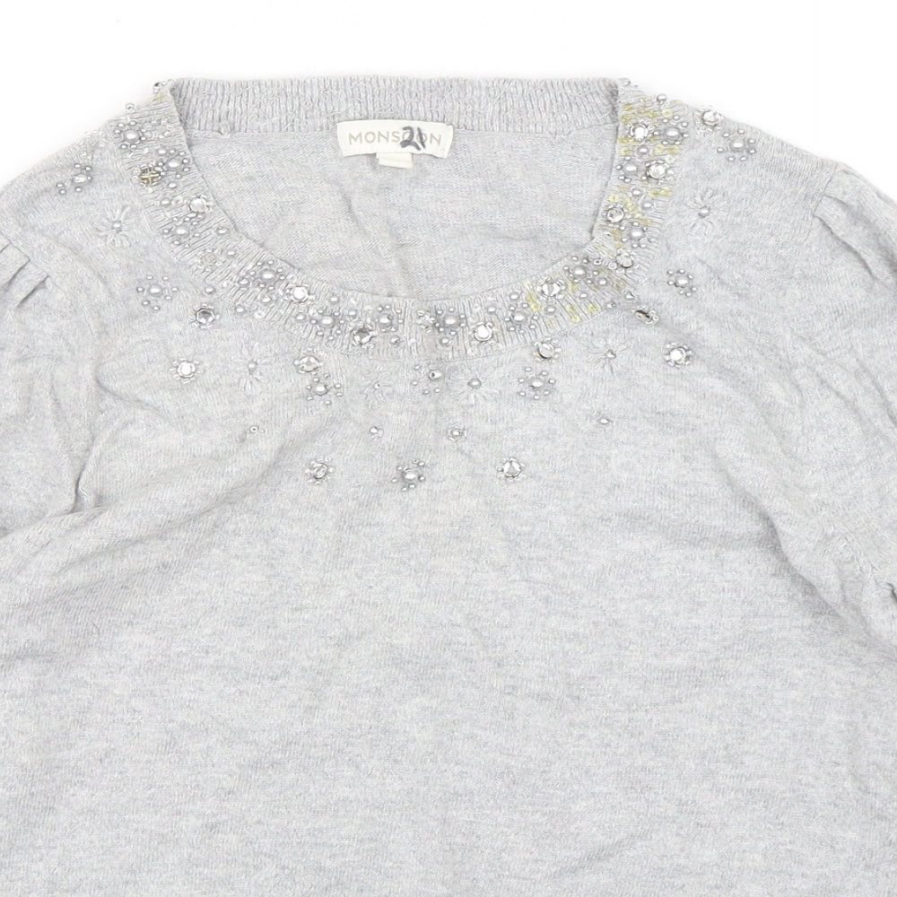 Monsoon Womens Grey Round Neck  Cotton Pullover Jumper Size M