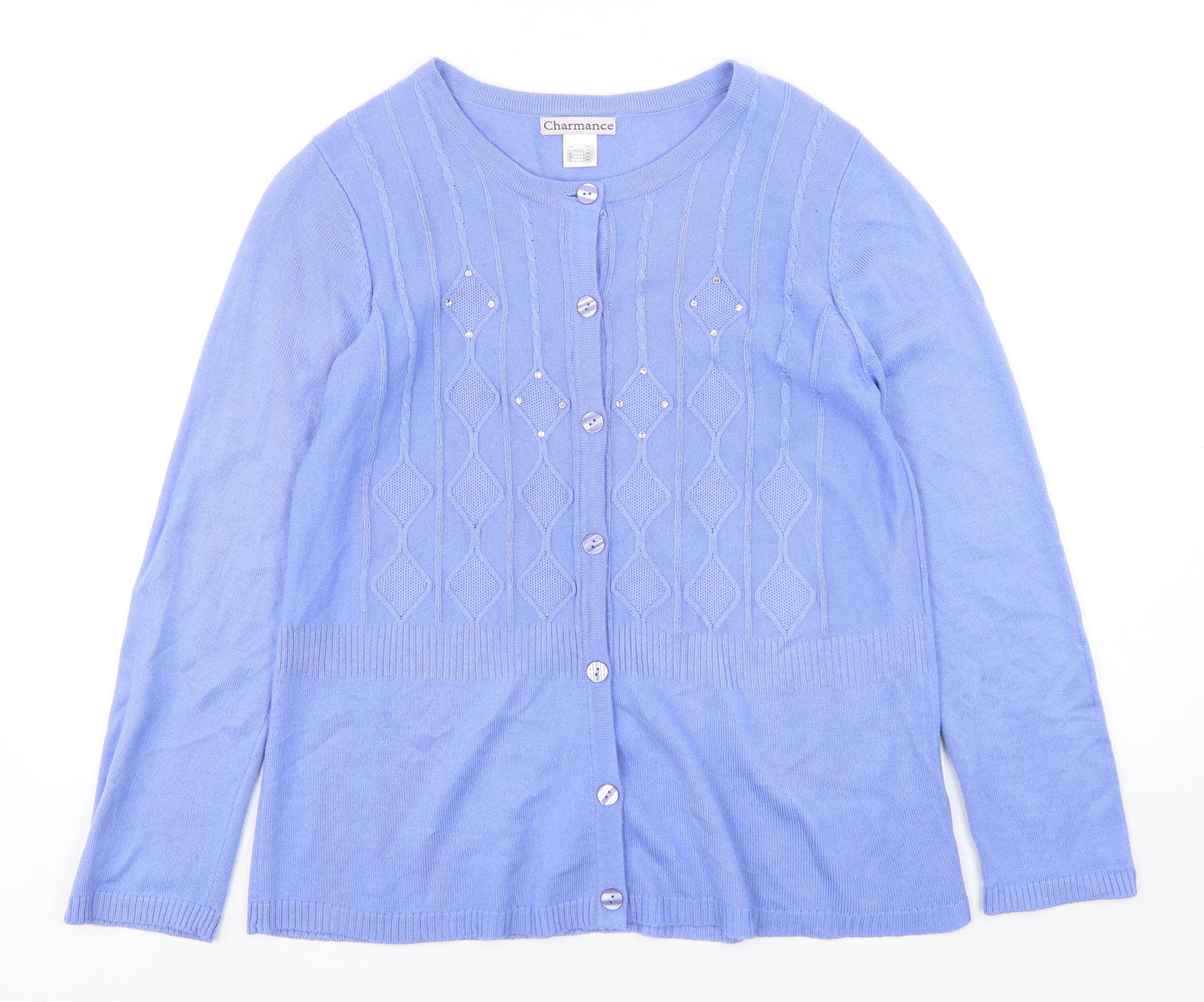 Charmance Womens Blue Round Neck  Acrylic Cardigan Jumper Size 14