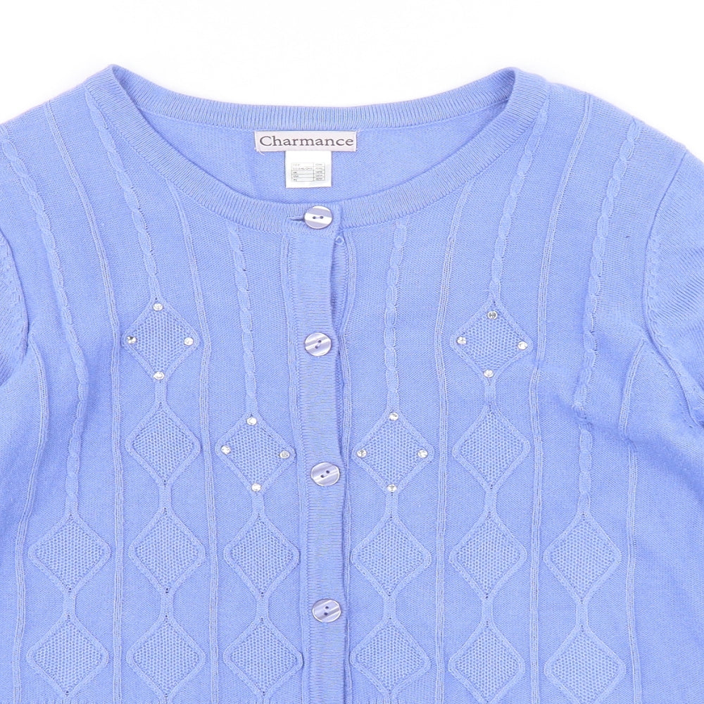 Charmance Womens Blue Round Neck  Acrylic Cardigan Jumper Size 14
