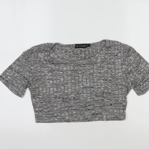 PRETTYLITTLETHING Womens Grey Striped Polyester Cropped T-Shirt Size L Round Neck