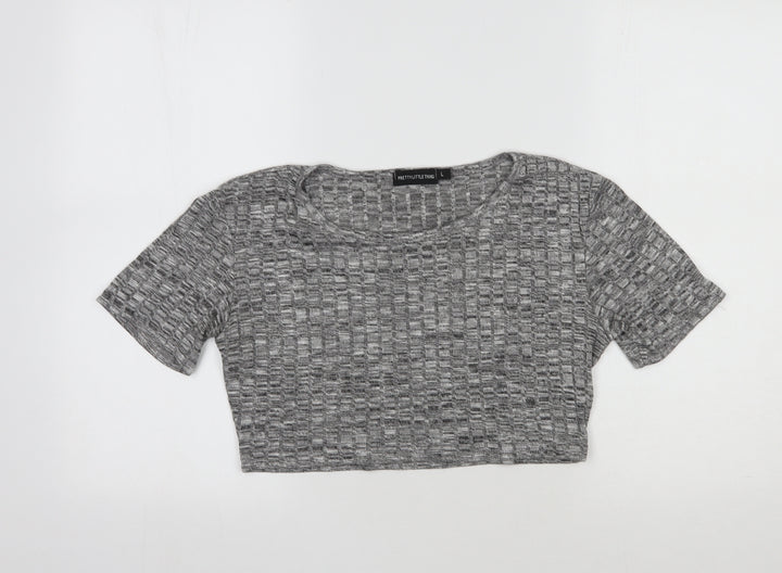 PRETTYLITTLETHING Womens Grey Striped Polyester Cropped T-Shirt Size L Round Neck