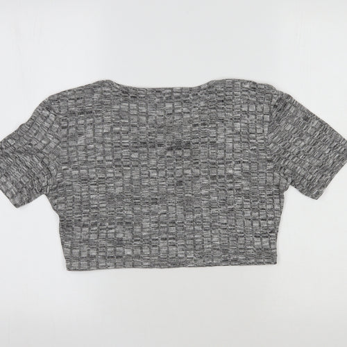 PRETTYLITTLETHING Womens Grey Striped Polyester Cropped T-Shirt Size L Round Neck