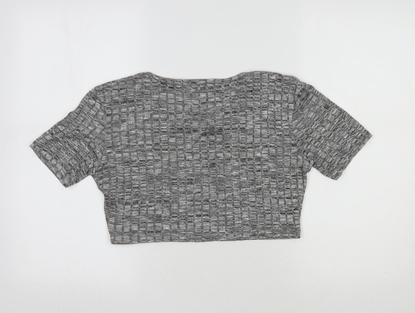 PRETTYLITTLETHING Womens Grey Striped Polyester Cropped T-Shirt Size L Round Neck