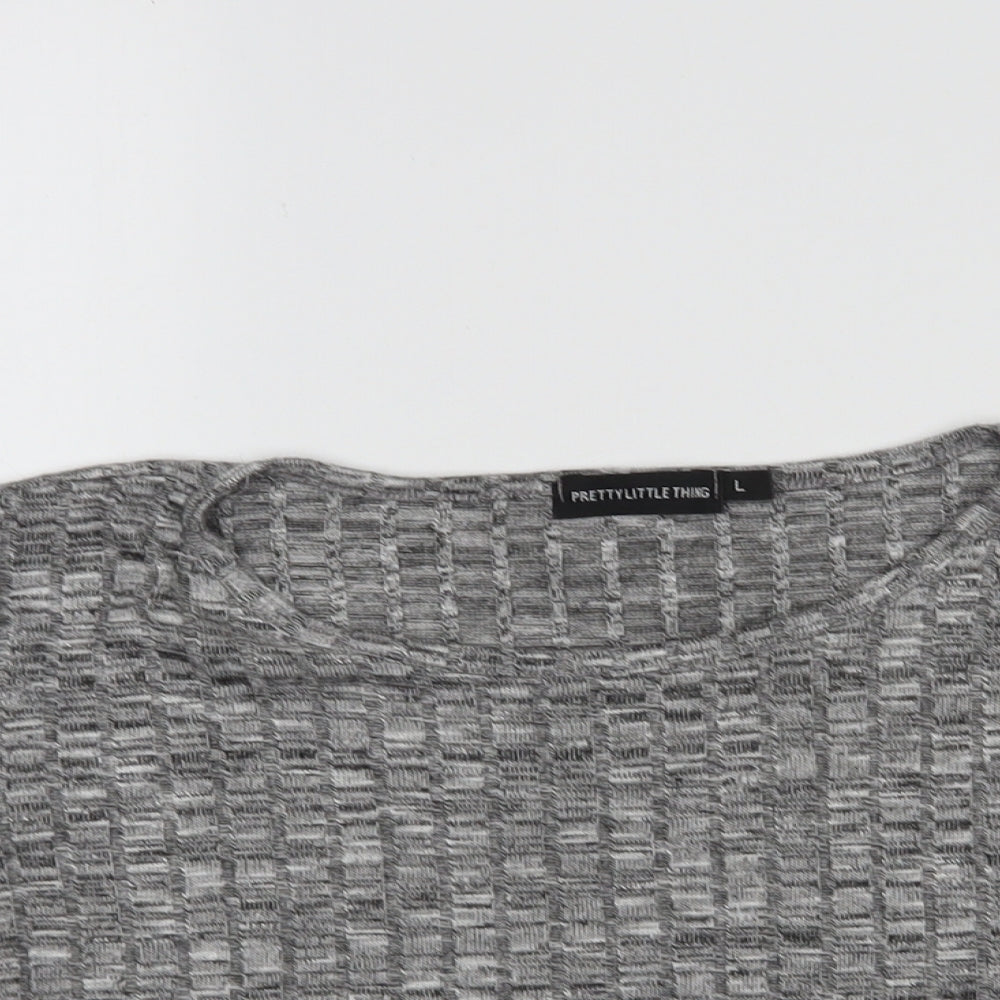 PRETTYLITTLETHING Womens Grey Striped Polyester Cropped T-Shirt Size L Round Neck
