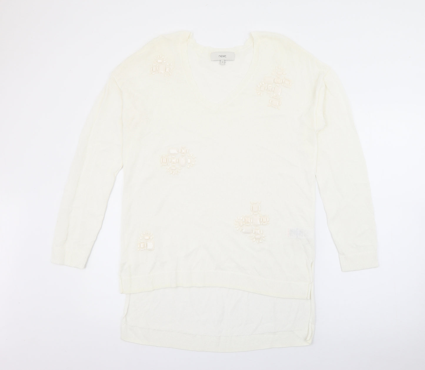 NEXT Womens White V-Neck  Viscose Pullover Jumper Size 12