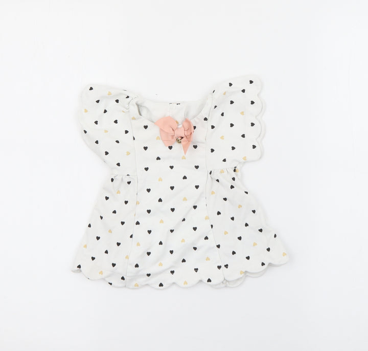 Isaac Mizrahi Girls White Geometric Cotton Fit & Flare Size 3-6 Months Round Neck Button