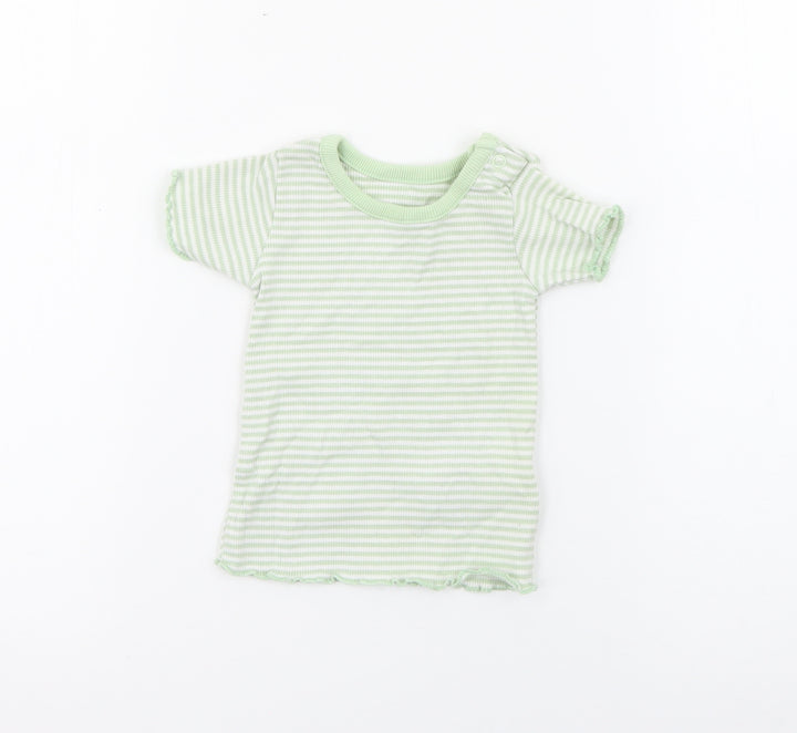 Marks and Spencer Baby Green Striped Cotton Pullover T-Shirt Size 0-3 Months Crew Neck Snap