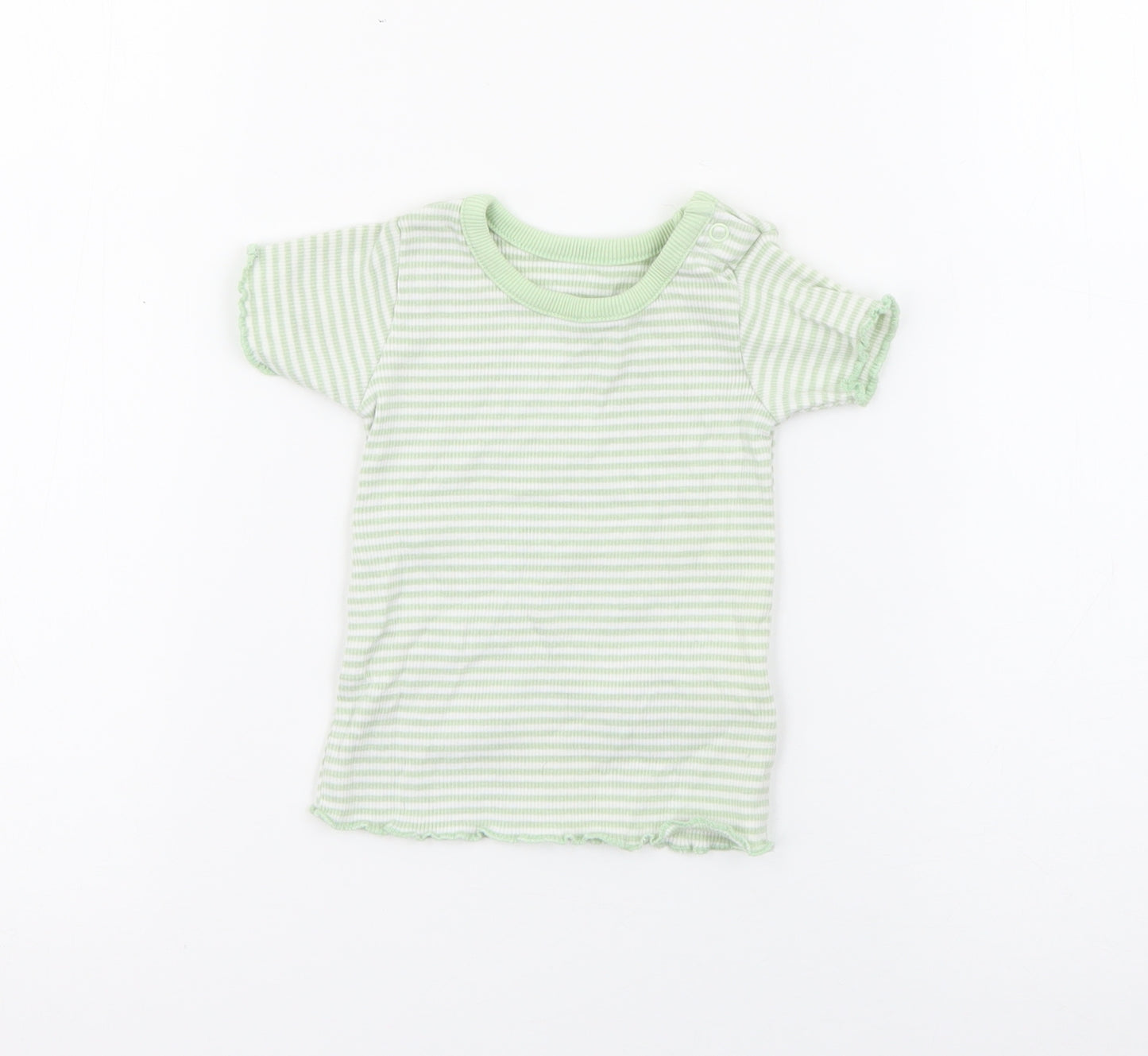 Marks and Spencer Baby Green Striped Cotton Pullover T-Shirt Size 0-3 Months Crew Neck Snap