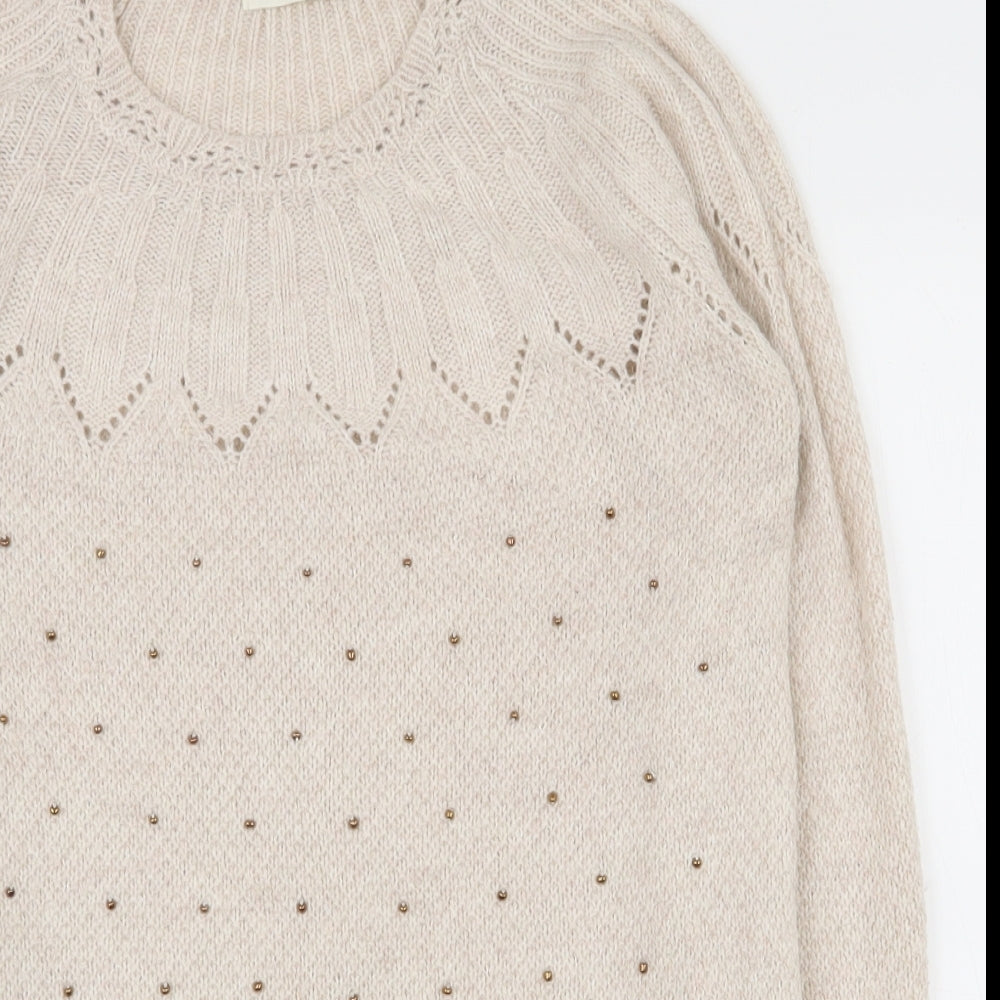 Indigo Womens Beige Round Neck  Acrylic Pullover Jumper Size S