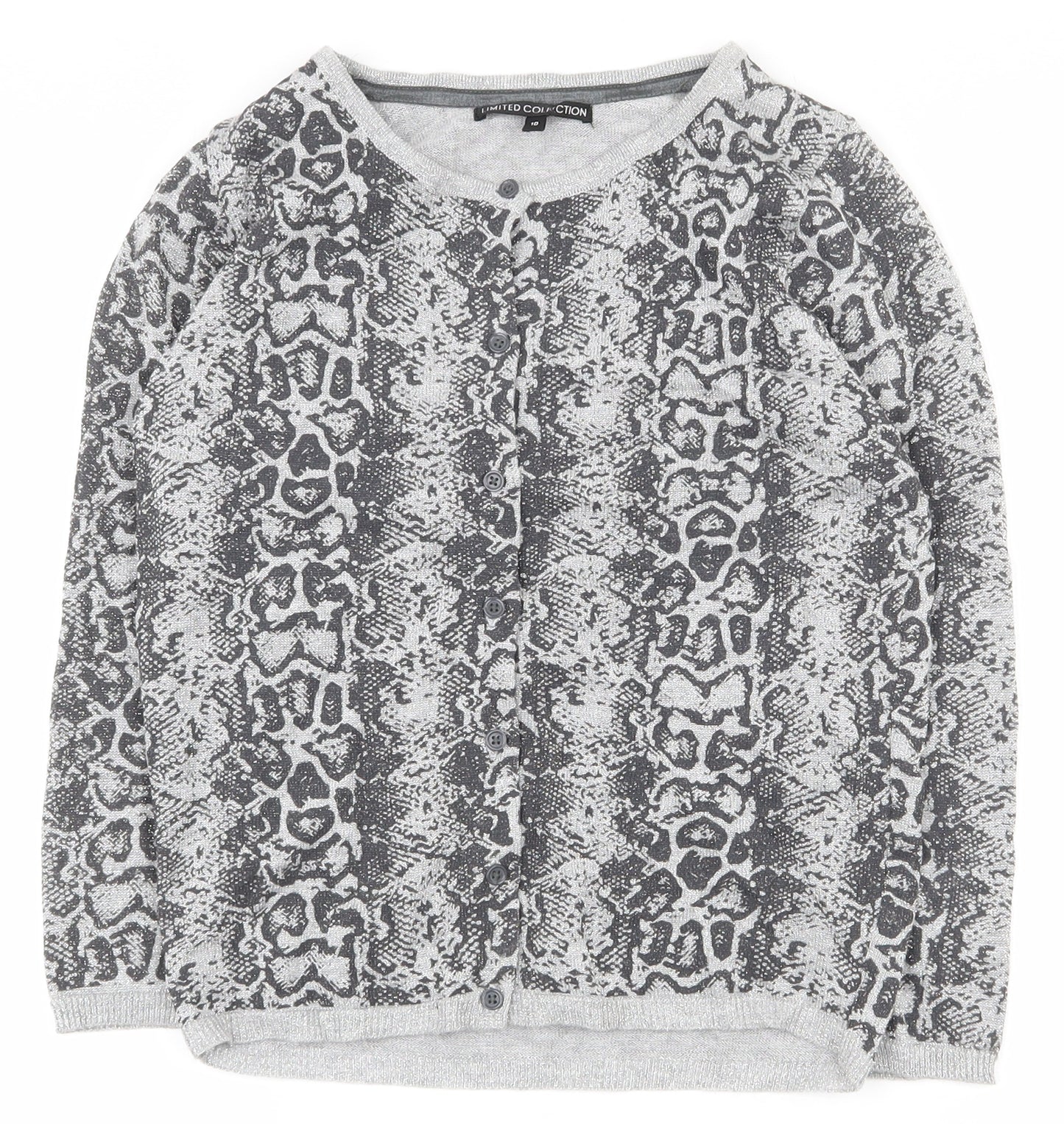 Marks and Spencer Womens Grey Round Neck Animal Print Viscose Cardigan Jumper Size 10