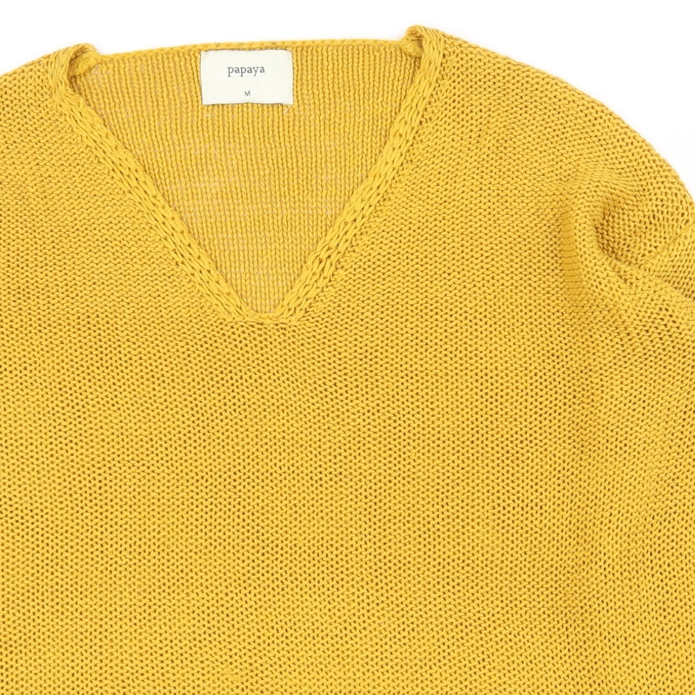 Papaya Womens Yellow V-Neck  Acrylic Pullover Jumper Size M