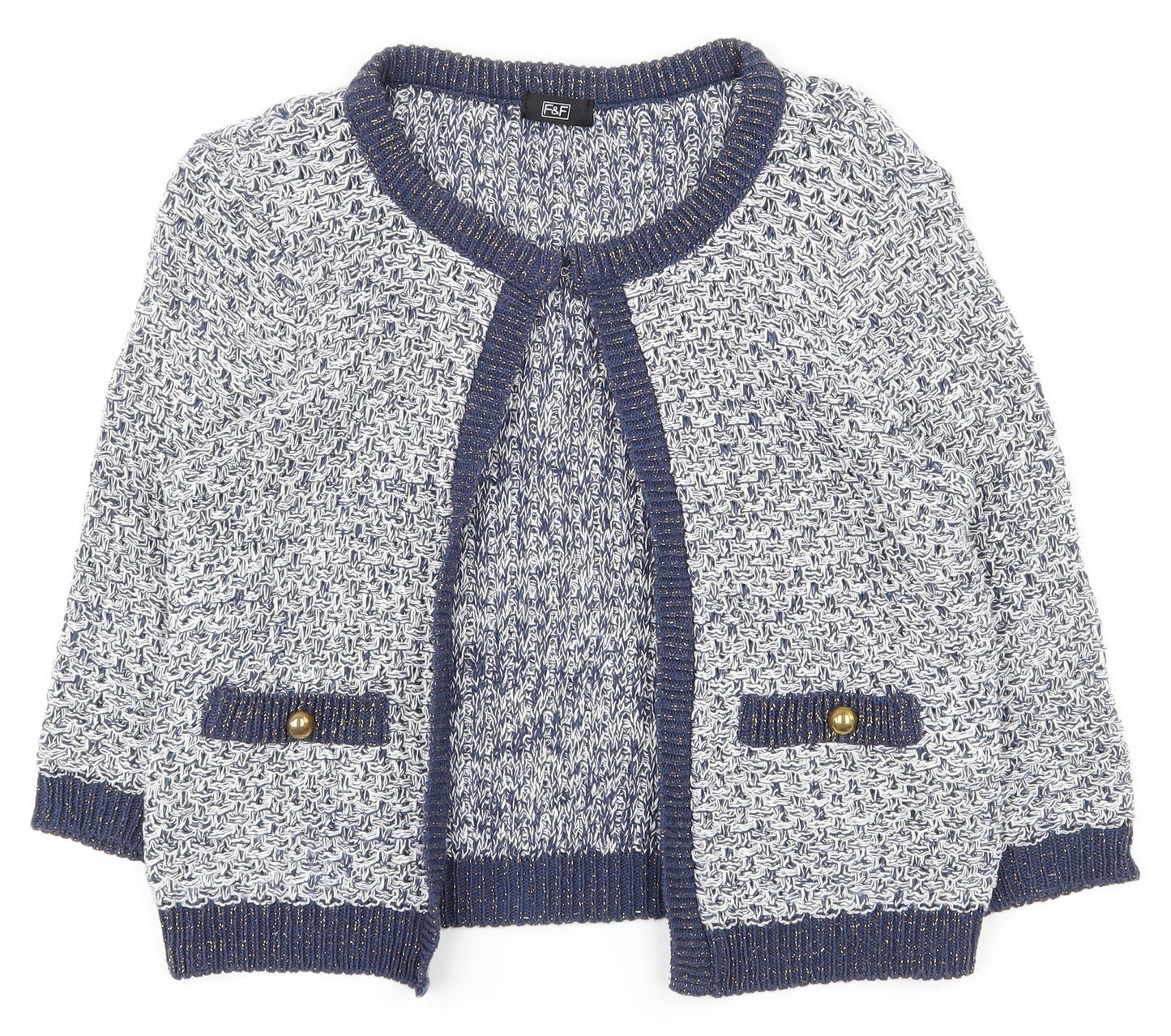 F&F Womens Blue Round Neck  Cotton Cardigan Jumper Size 12