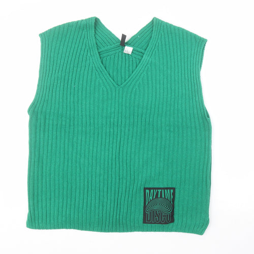 H&M Womens Green V-Neck  Acrylic Tunic Jumper Size XS   - Slogan