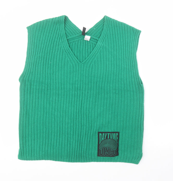 H&M Womens Green V-Neck Acrylic Tunic Jumper Size XS - Slogan