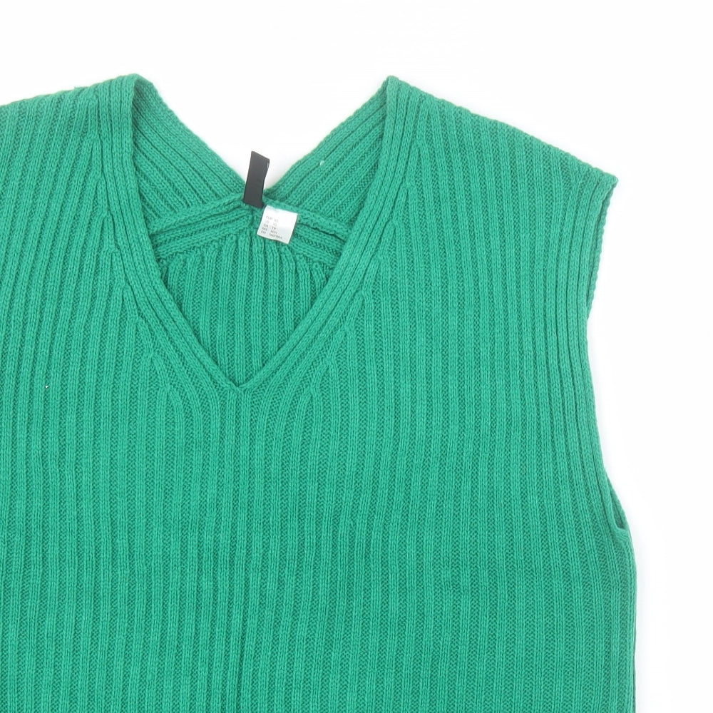 H&M Womens Green V-Neck  Acrylic Tunic Jumper Size XS   - Slogan