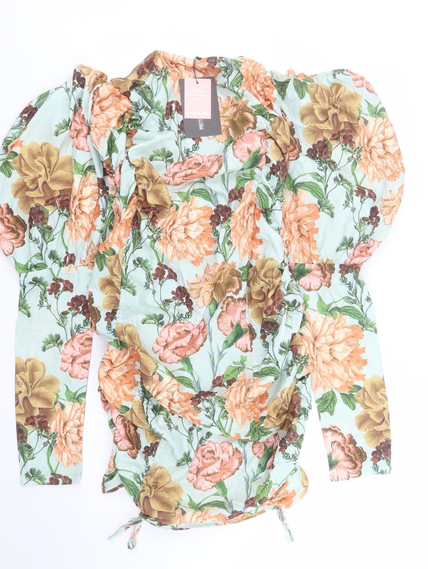 PRETTYLITTLETHING Womens Blue Floral Polyester Bodycon  Size 16  Square Neck Zip - Ruched