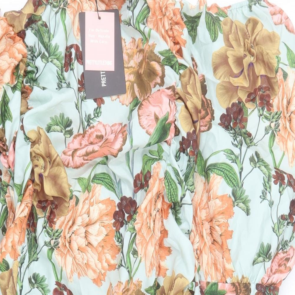 PRETTYLITTLETHING Womens Blue Floral Polyester Bodycon  Size 16  Square Neck Zip - Ruched