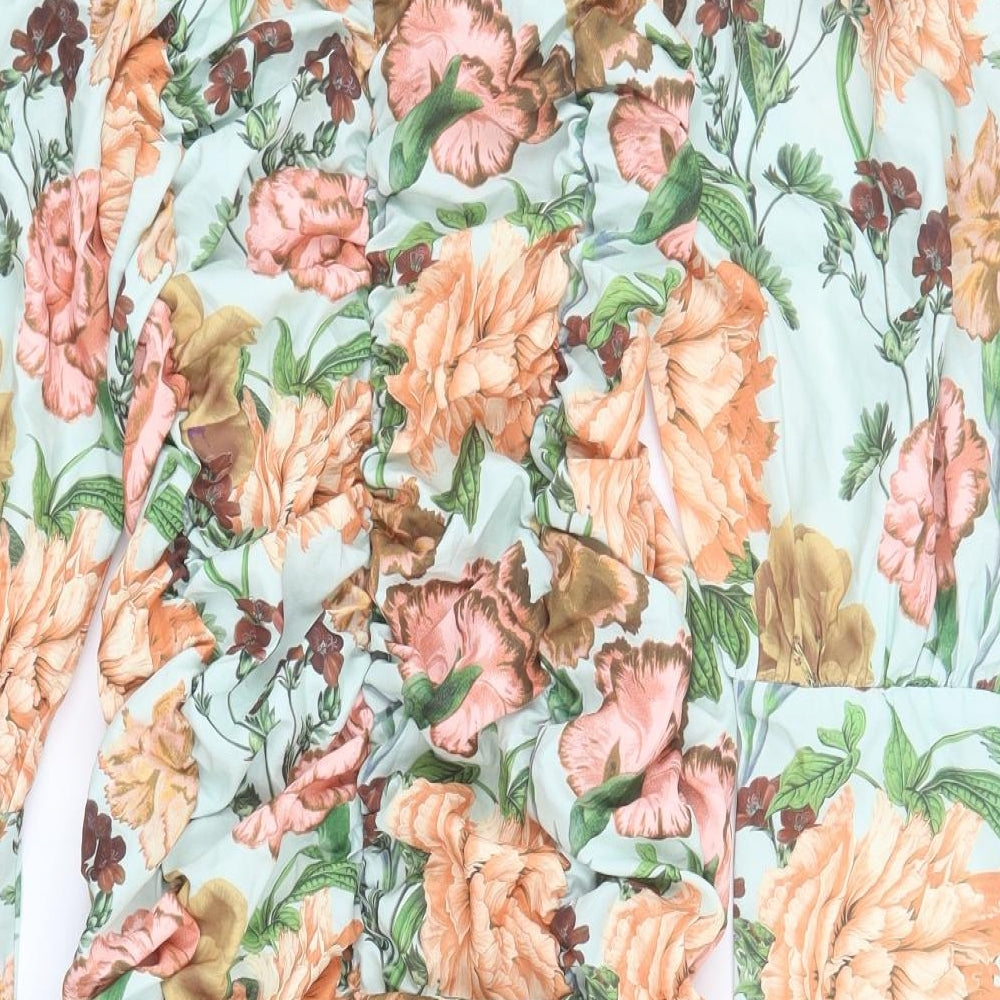 PRETTYLITTLETHING Womens Blue Floral Polyester Bodycon  Size 16  Square Neck Zip - Ruched