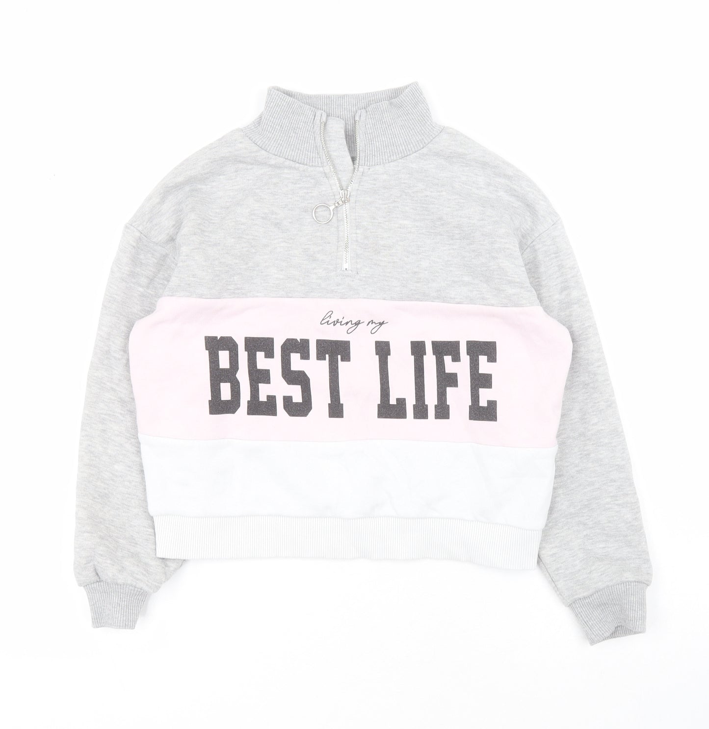 M & Co Girls Grey  Polyester Pullover Hoodie Size 8-9 Years  Zip - Slogan
