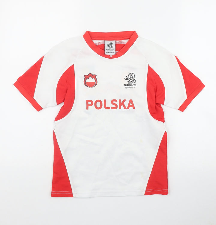 Euro2012 Boys White  Polyester Basic T-Shirt Size 9-10 Years V-Neck Pullover - Poland-Ukraine