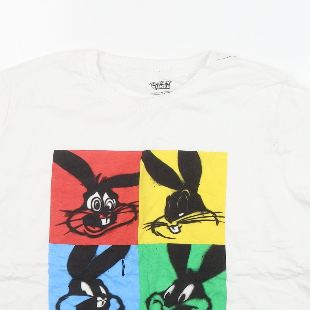 Primark Womens White  Cotton Basic T-Shirt Size 10 Round Neck - Looney Tunes