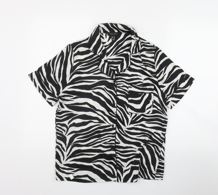 New Look Womens Black Animal Print Polyester Basic Button-Up Size 10 Collared