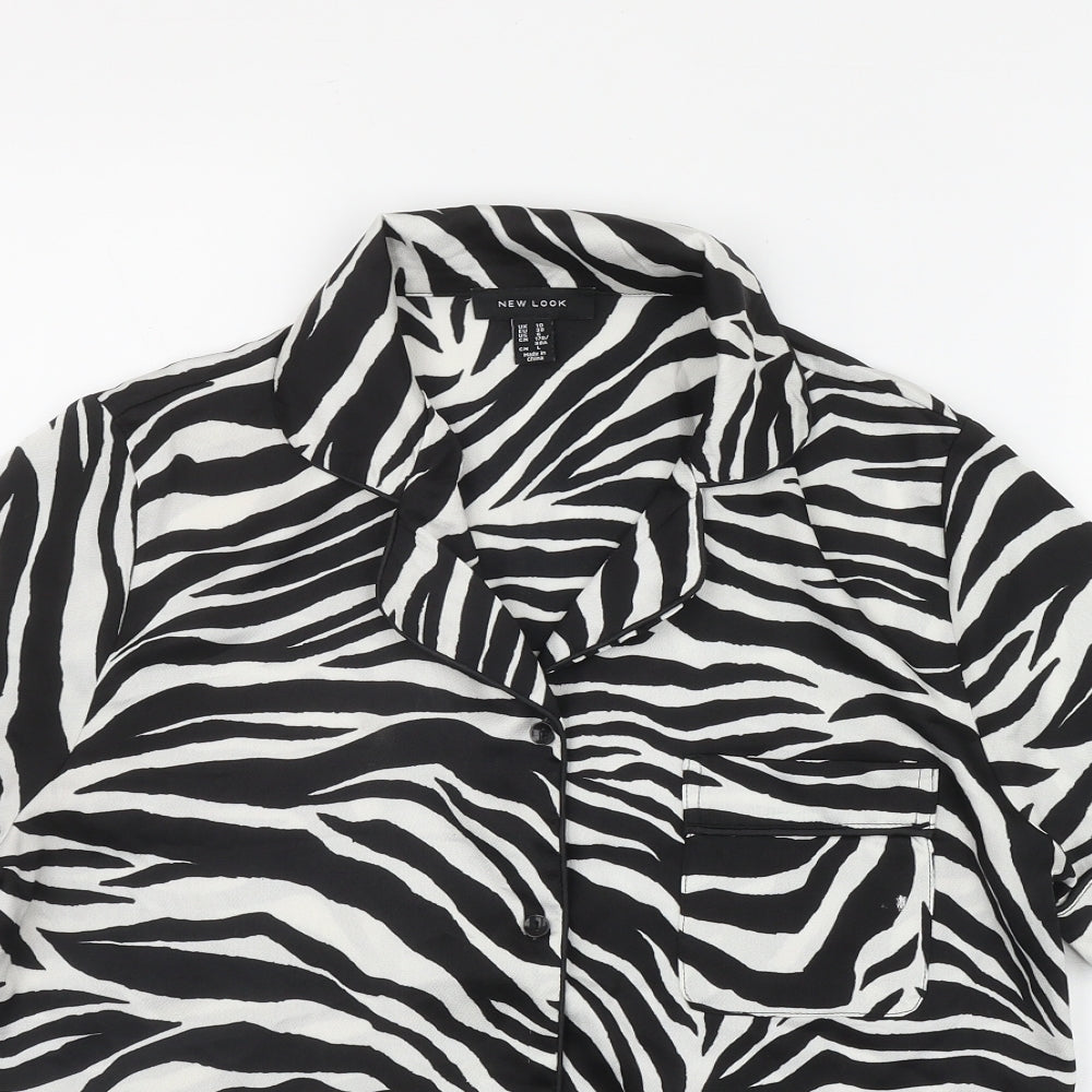New Look Womens Black Animal Print Polyester Basic Button-Up Size 10 Collared
