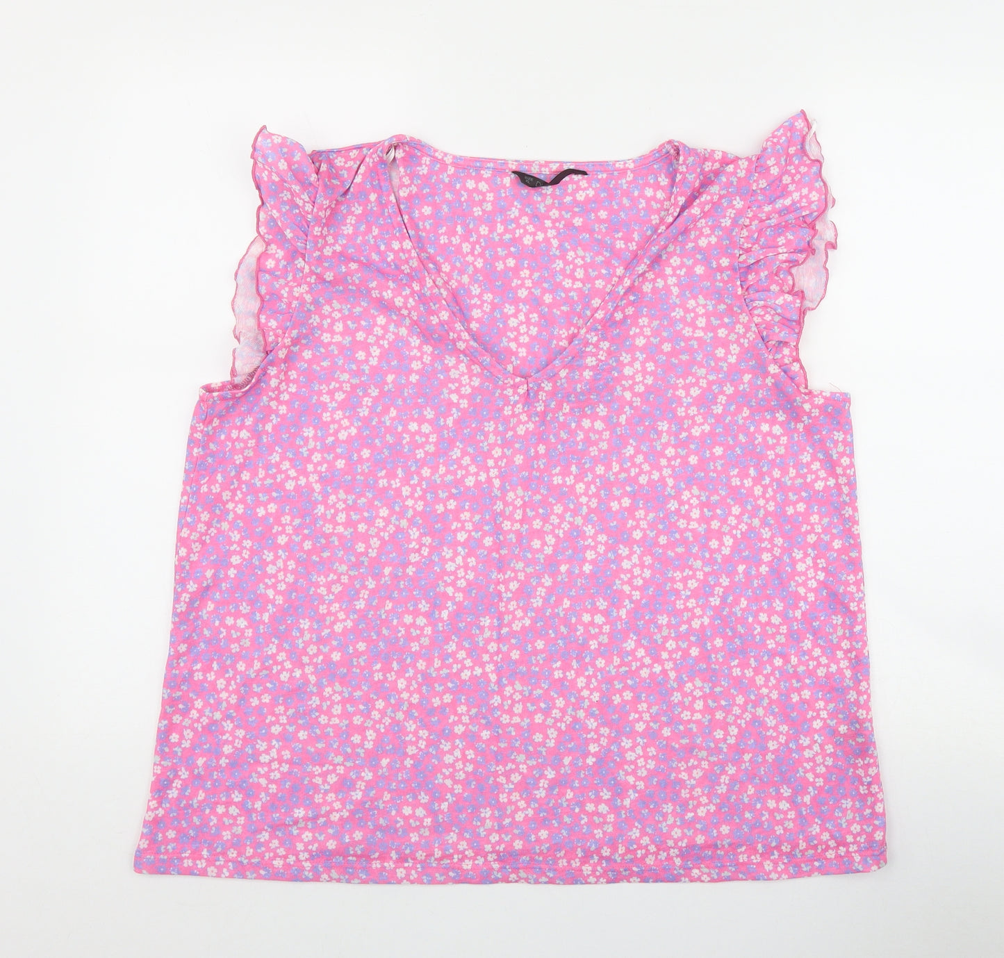 Dunnes Stores Womens Pink Floral Polyester Basic T-Shirt Size XL V-Neck