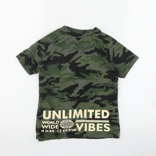 George Boys Green Camouflage Cotton Basic T-Shirt Size 5-6 Years Round Neck Pullover