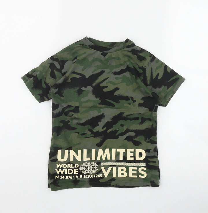 George Boys Green Camouflage Cotton Basic T-Shirt Size 5-6 Years Round Neck Pullover