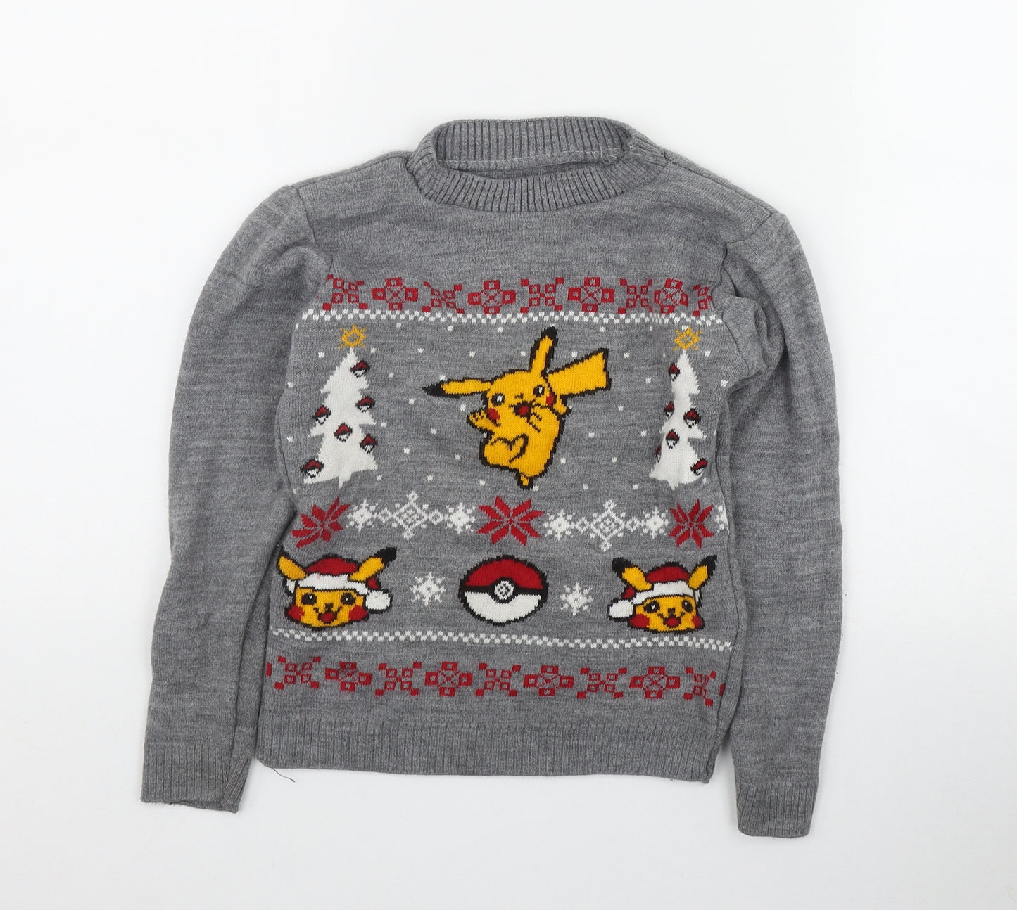 Preworn Boys Grey Round Neck  Acrylic Pullover Jumper Size 7-8 Years  Pullover - Pokemon Christmas