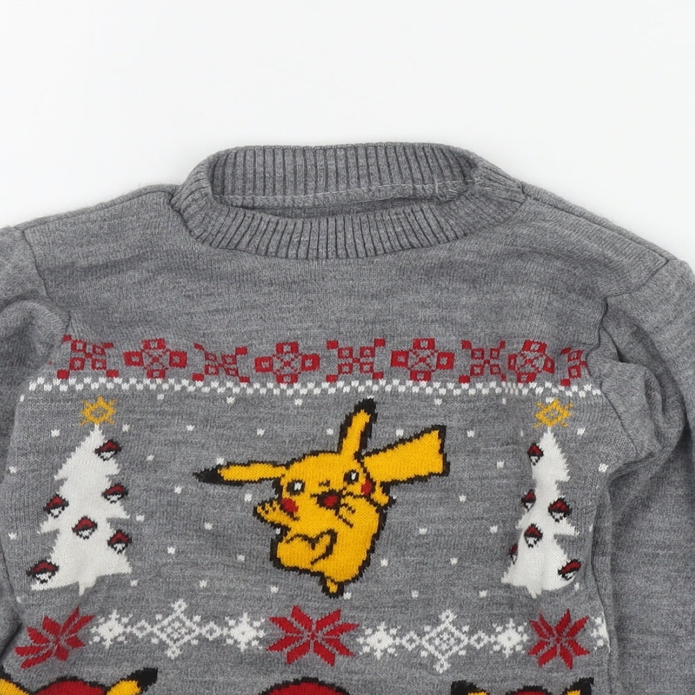 Preworn Boys Grey Round Neck  Acrylic Pullover Jumper Size 7-8 Years  Pullover - Pokemon Christmas