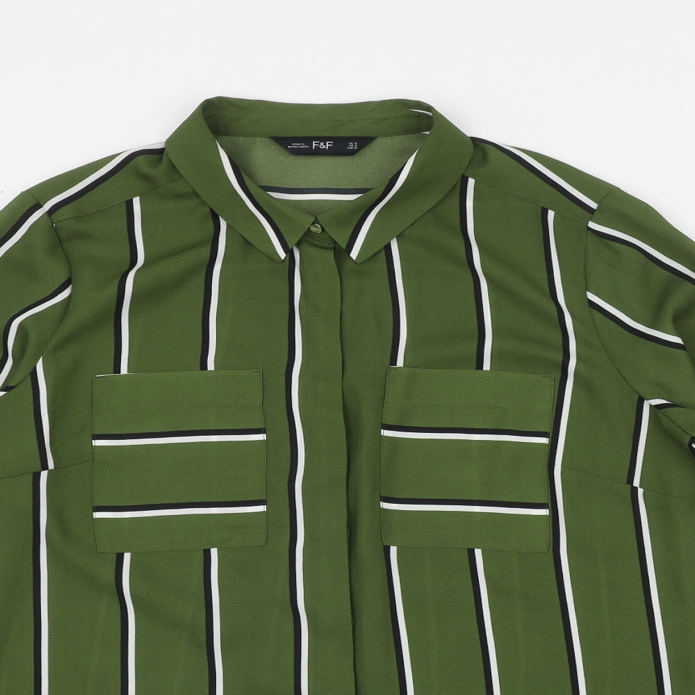F&F Womens Green Striped Polyester Basic Button-Up Size 16 Roll Neck