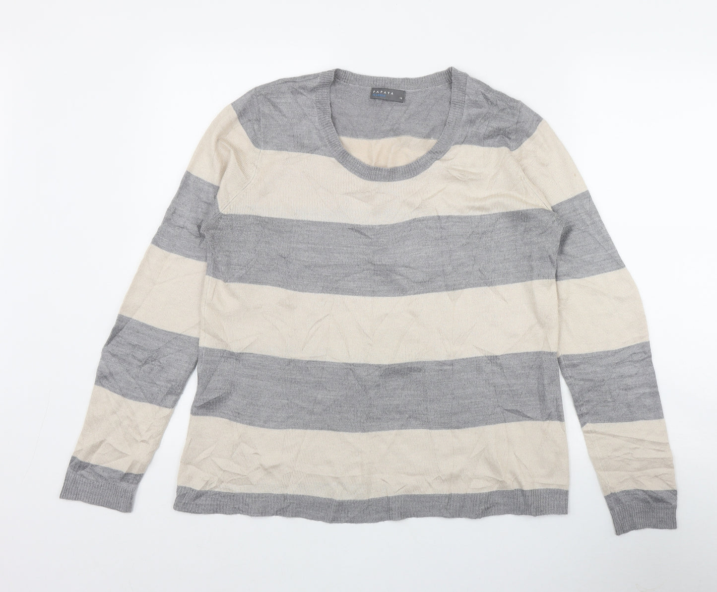 Papaya Womens Grey Round Neck Striped Acrylic Pullover Jumper Size 14