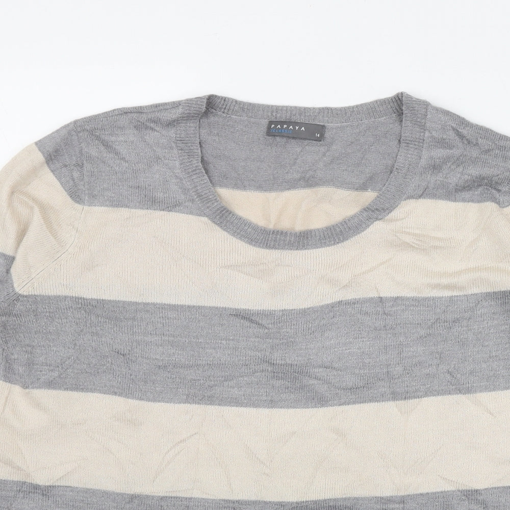 Papaya Womens Grey Round Neck Striped Acrylic Pullover Jumper Size 14