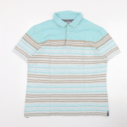 Marks and Spencer Mens Blue Striped Cotton  Polo Size L Collared Button
