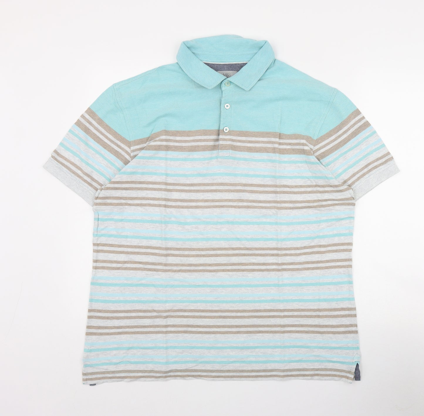 Marks and Spencer Mens Blue Striped Cotton  Polo Size L Collared Button