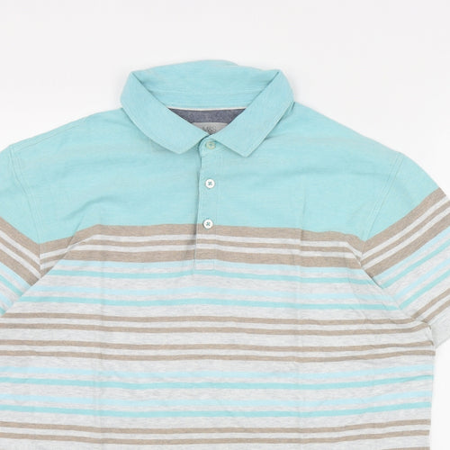 Marks and Spencer Mens Blue Striped Cotton  Polo Size L Collared Button