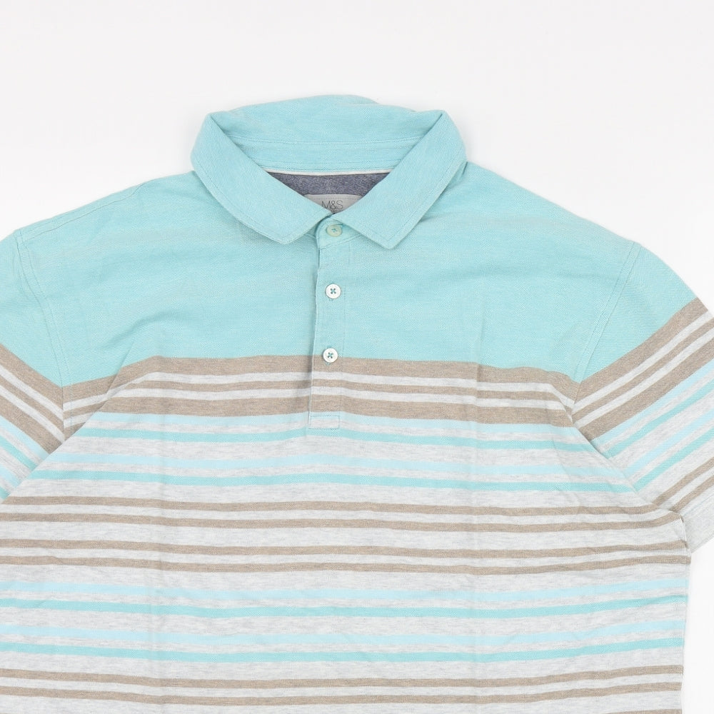 Marks and Spencer Mens Blue Striped Cotton  Polo Size L Collared Button