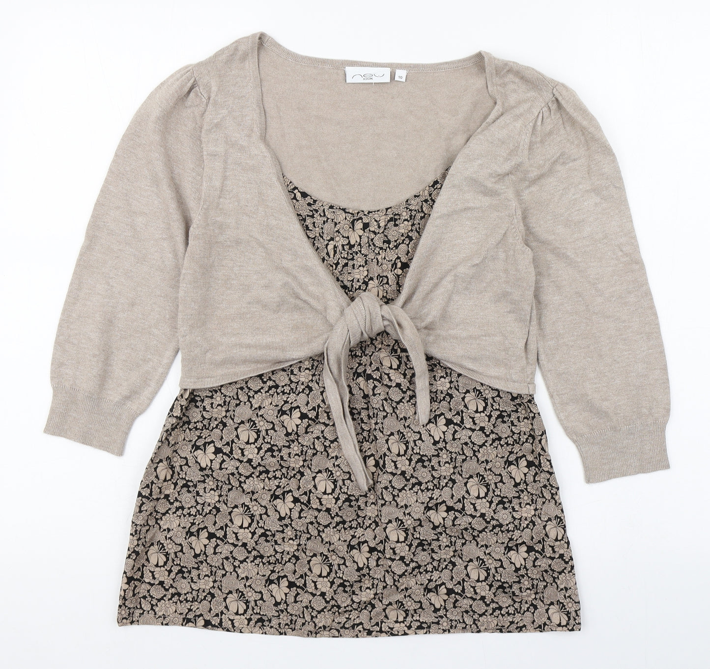 New Look Womens Beige Floral Viscose Basic Blouse Size 10 Square Neck